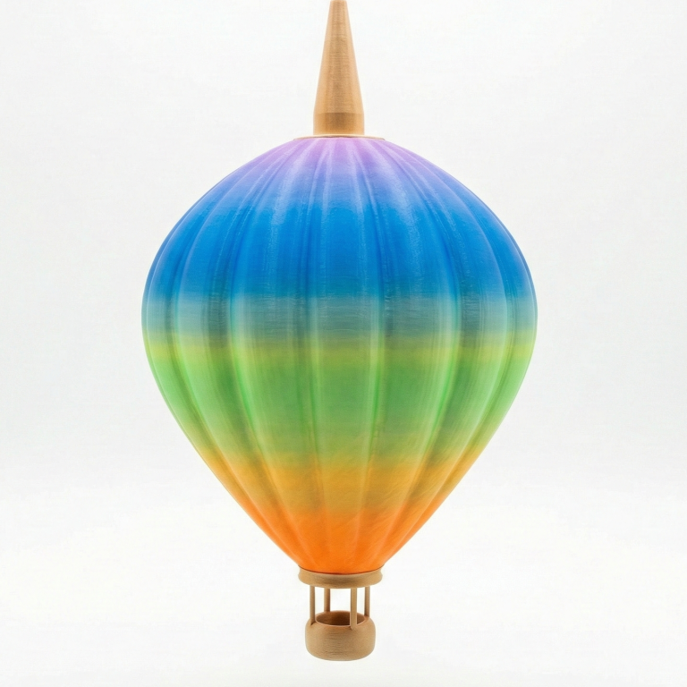 Weiße Luftballonlampe mit schwarzem Korb, schwebend vor grauem Hintergrund.