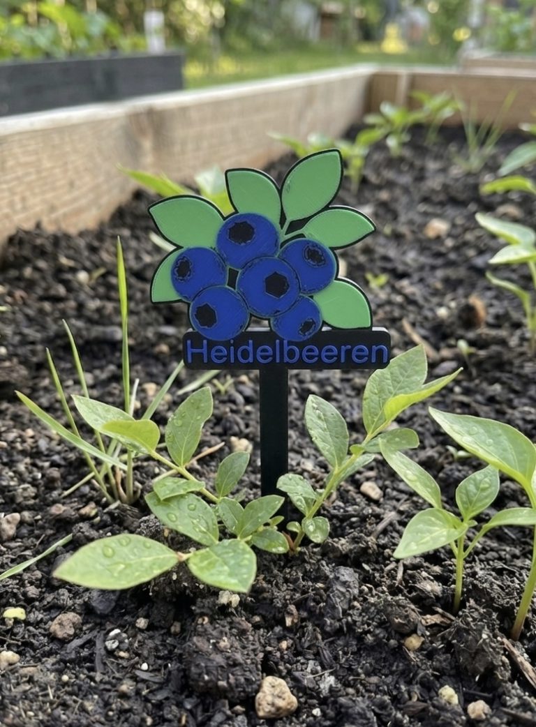 Blauheiligen-Schild im Garten mit blauen Beeren und grünen Blättern.