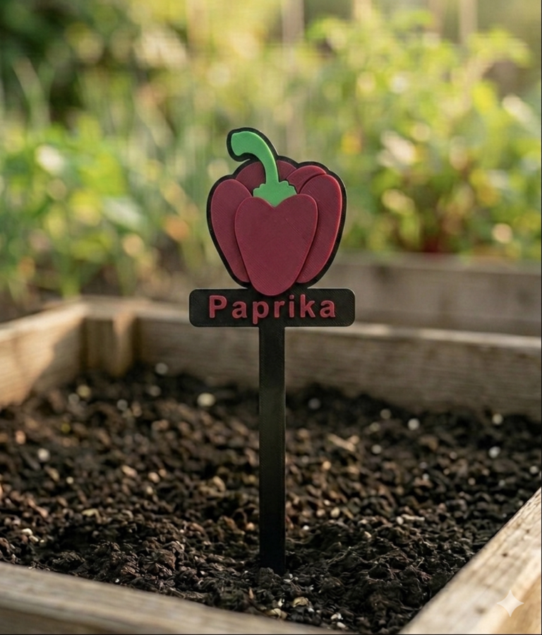 Pflanzenetikett für Paprika in einem Gartenbeet.