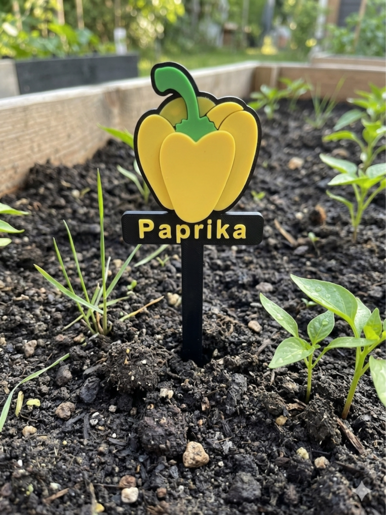 Gelbes Paprika-Schild in einem Gartenbeet, umgeben von Erde und Pflanzen.