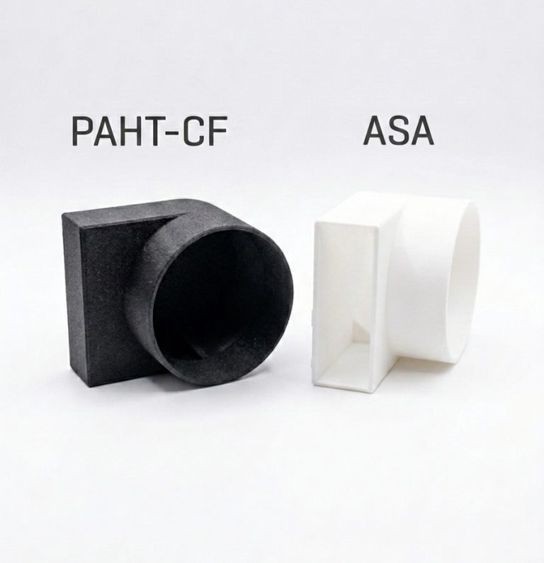 Zwei 3D-gedruckte Teile: ein schwarzes PAHT-CF-Element und ein weißes ASA-Element.