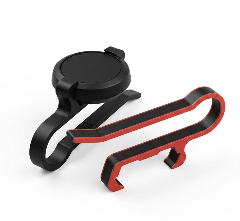 Schwarzer Halter und rotes Werkzeug, beide für Fahrradzubehör gestaltet.