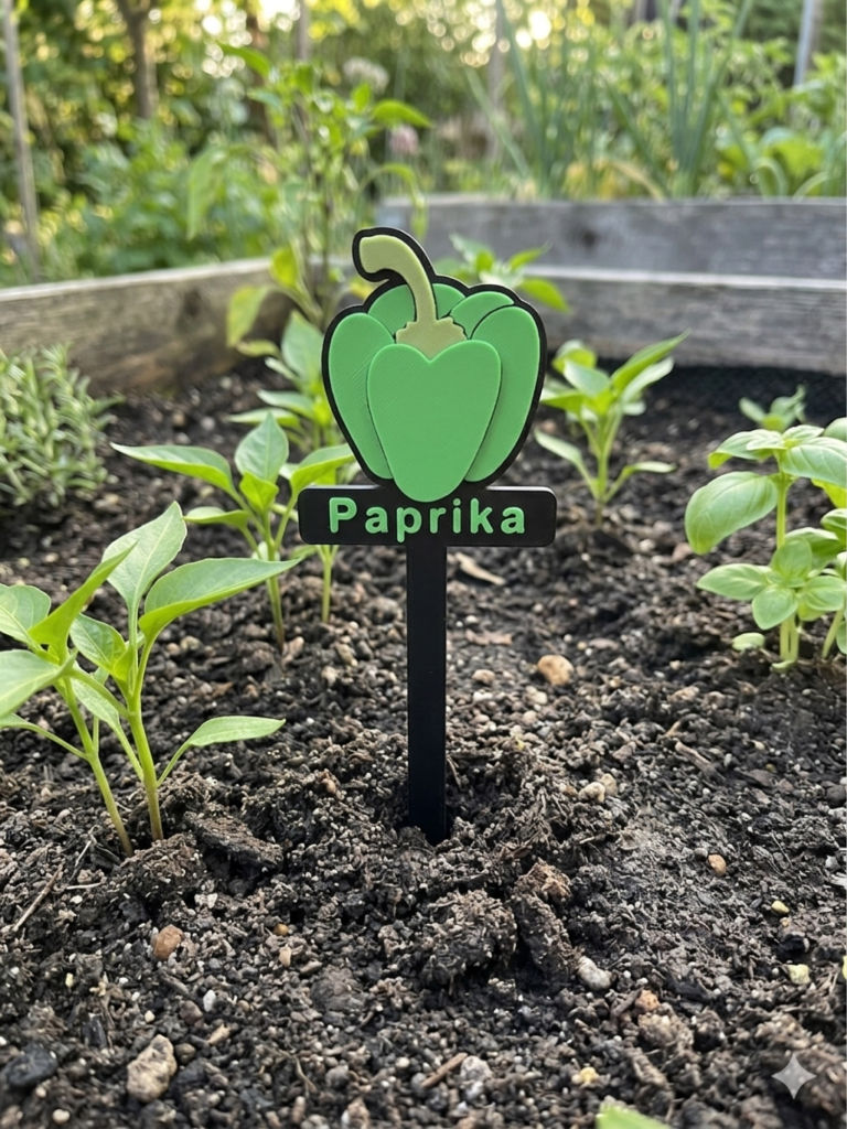 Grüner Paprika-Schild in einem Gemüsebeet, umgeben von jungen Pflanzen.