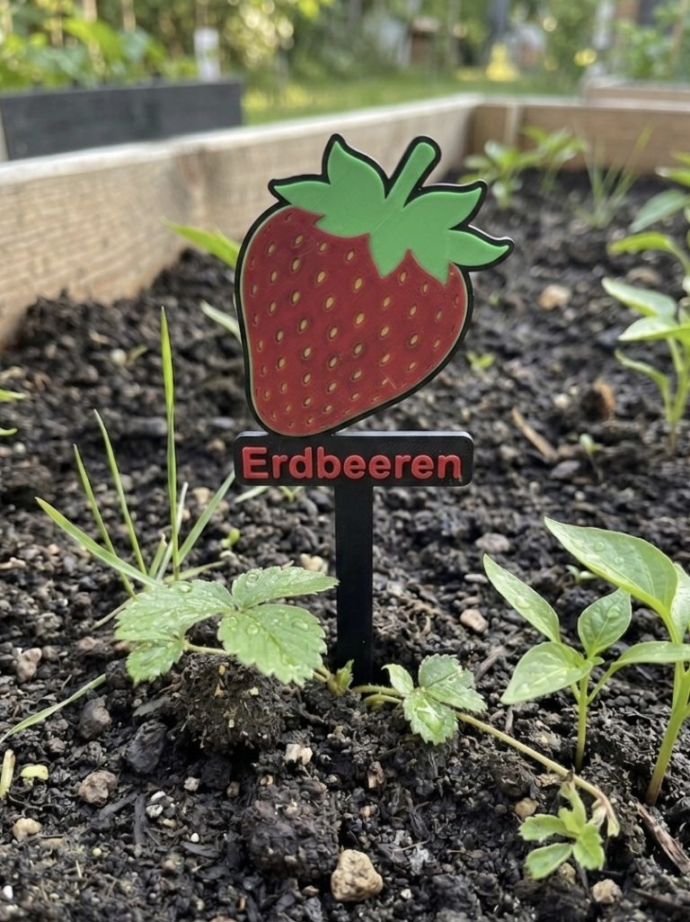 Erdbeerschild in einem Gartenbeet, umgeben von Erde und Pflanzen.