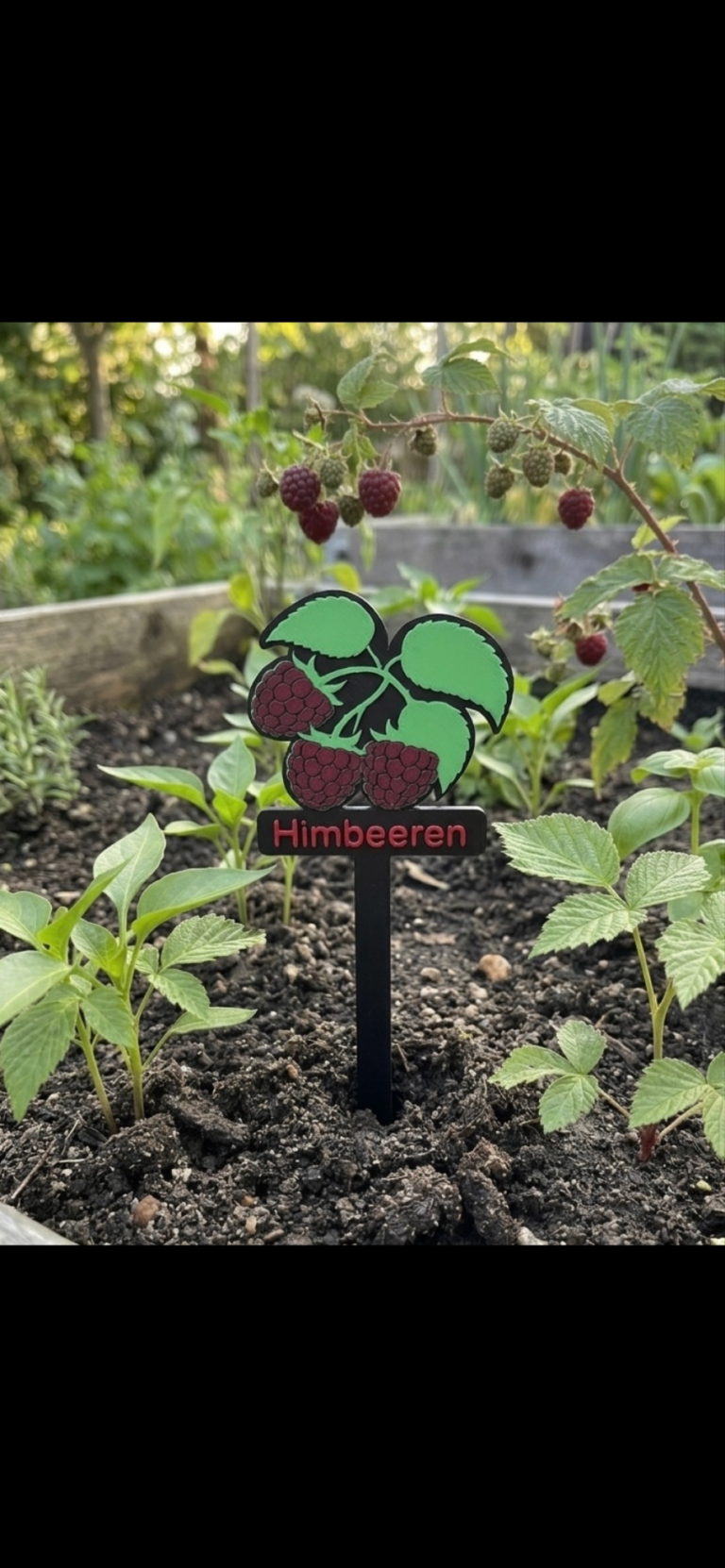 Schild mit einer Pflanze und der Aufschrift „Himbeere“ in einem Gartenbeet.