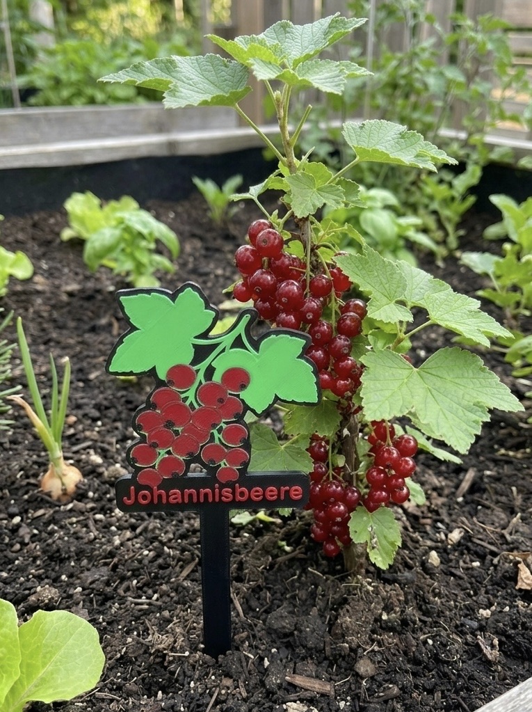 Rote Johannisbeeren mit einer grünen Pflanze und einem roten Schild im Garten.