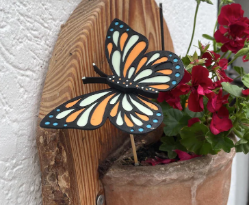 Schmetterling in Orange- und Blautönen, angebracht an einem Blumentopf mit roten Blumen.