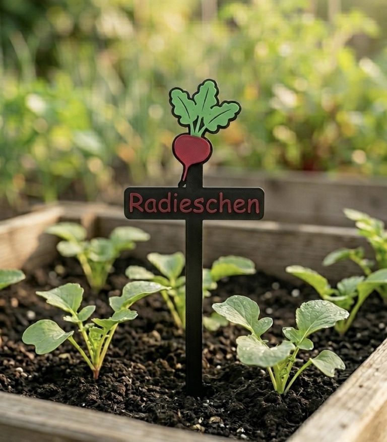 Ein schwarzes Schild mit roter Schrift „Radieschen“ in einem Gemüsebeet.