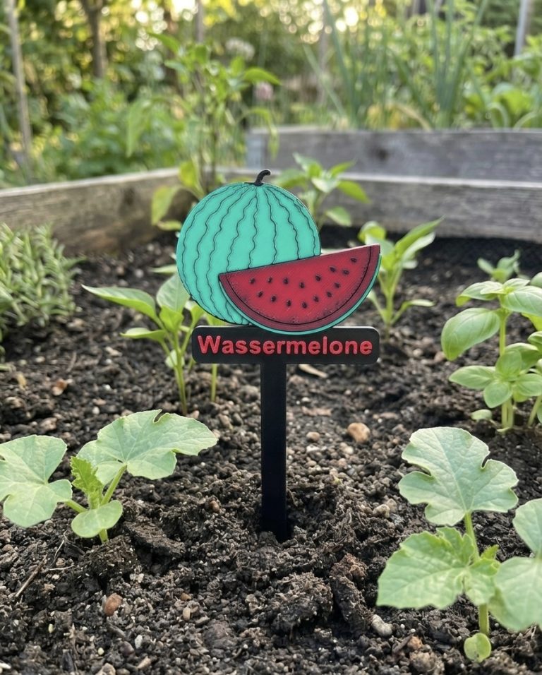 Bodenstecker mit einer grünen Melone und einem roten Melonschnitt, beschriftet "Wassermelone".