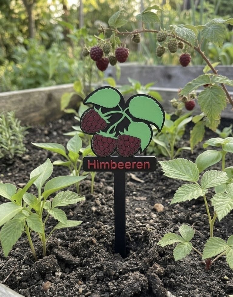 Schilder mit der Aufschrift "Himbeeren" in einem Garten mit Pflanzen und Erde.
